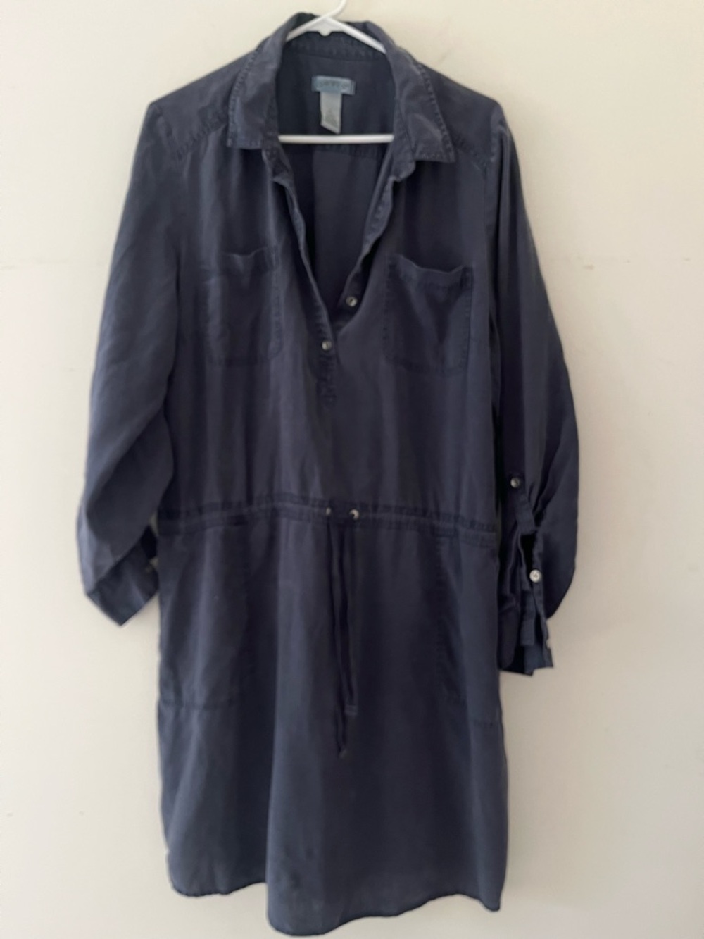 ORVIS DENIM Shirt Dress Drawstring Waist roll sleeve pockets mini lagenlook